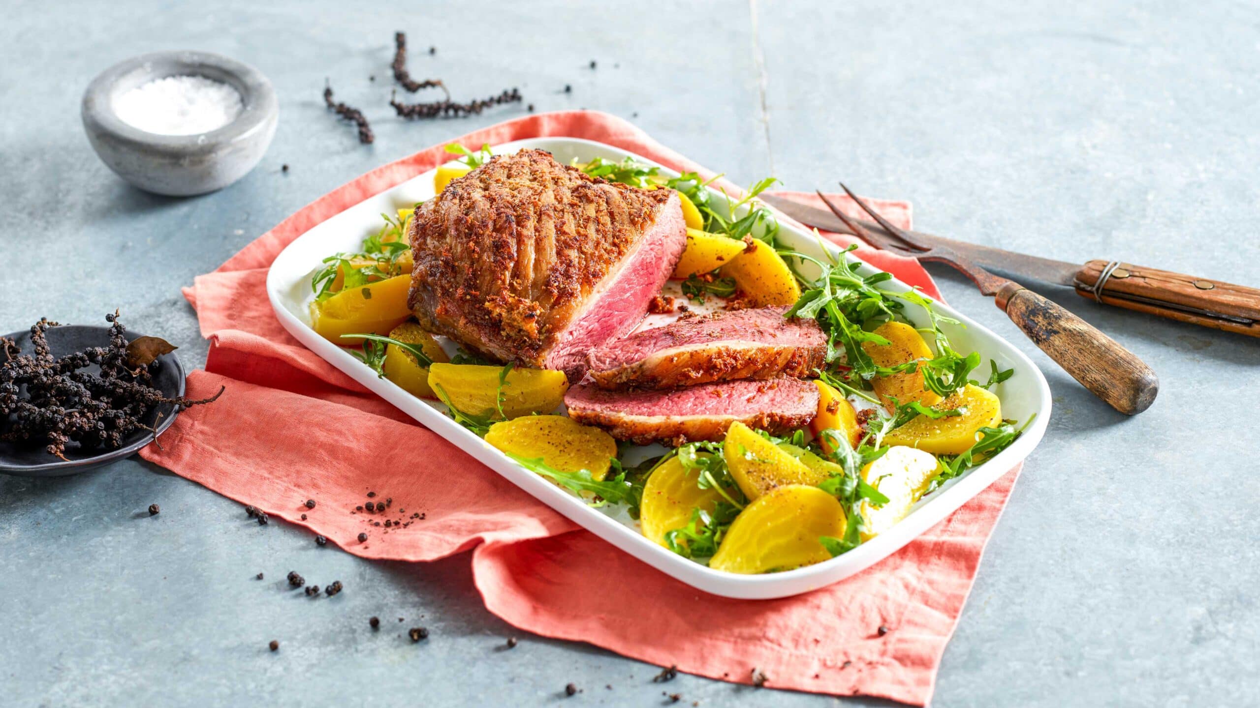 Spice-roasted Nature’s Fresh beef rump with golden beetroot & tarragon ...